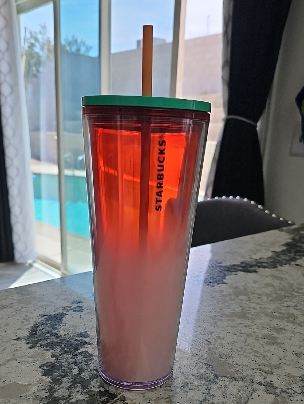 Starbucks Red to Pink Ombre Tumbler with Green Lid and Orange Straw